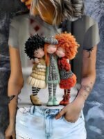 Elorivane Women's Black Cartoon Doll Print Tee, Pastel Beige & Red, Casual Round Neck Short Sleeve Spring Summer Top - Image 2
