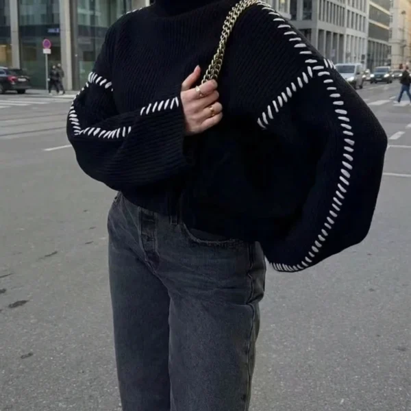 Elorivane Women's French Contrast Stitching High Neck Knit Sweater | Commuter Versatile Black Pullover Fall