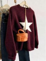 Elorivane Plus Size Drop Shoulder Five-Pointed Star Jacquard Knit Crew Neck Sweater for Fall Winter - Image 14