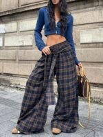 Elorivane Women Navy Gingham Wide Leg Pants, Loose Plaid Grunge Y2K Streetwear Trousers - Image 9