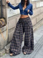 Elorivane Women Navy Gingham Wide Leg Pants, Loose Plaid Grunge Y2K Streetwear Trousers - Image 8