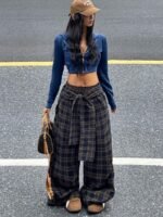 Elorivane Women Navy Gingham Wide Leg Pants, Loose Plaid Grunge Y2K Streetwear Trousers - Image 7
