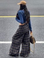 Elorivane Women Navy Gingham Wide Leg Pants, Loose Plaid Grunge Y2K Streetwear Trousers - Image 10