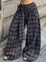 Elorivane Women Navy Gingham Wide Leg Pants, Loose Plaid Grunge Y2K Streetwear Trousers - Image 11