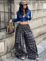 Elorivane Women Navy Gingham Wide Leg Pants, Loose Plaid Grunge Y2K Streetwear Trousers - Image 12