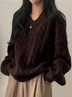 Elorivane Women's Minimalist V-Neck Loose Knit Sweater | Low-Key Vintage Brown Pullover Fall - Image 21