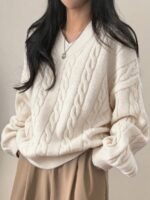 Elorivane Women's Minimalist V-Neck Loose Knit Sweater | Low-Key Vintage Brown Pullover Fall - Image 11