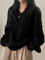 Elorivane Women's Minimalist V-Neck Loose Knit Sweater | Low-Key Vintage Brown Pullover Fall - Image 26