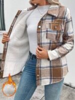 Elorivane Plus Size Plaid Thermal Lined Long Sleeve Jacket for Fall Winter Commute Holiday - Image 9