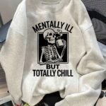 Elorivane Plus Size Slogan & Skull Print Crew Neck Long Sleeve Sweatshirt Loose Fit for Autumn Winter Casual Wear