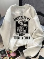 Elorivane Plus Size Slogan & Skull Print Crew Neck Long Sleeve Sweatshirt Loose Fit for Autumn Winter Casual Wear