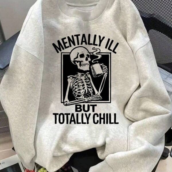 Elorivane Plus Size Slogan & Skull Print Crew Neck Long Sleeve Sweatshirt Loose Fit for Autumn Winter Casual Wear