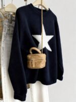 Elorivane Plus Size Drop Shoulder Five-Pointed Star Jacquard Knit Crew Neck Sweater for Fall Winter - Image 11