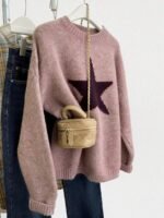 Elorivane Plus Size Drop Shoulder Five-Pointed Star Jacquard Knit Crew Neck Sweater for Fall Winter - Image 17