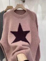 Elorivane Plus Size Drop Shoulder Five-Pointed Star Jacquard Knit Crew Neck Sweater for Fall Winter - Image 19