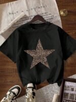 Elorivane Women's Leopard & Star Graphic Tee, Round Neck Casual Short Sleeve Summer T-Shirt - Image 5