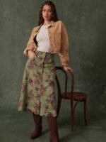 Elorivane Women Dark Blue Denim A Line Midi Skirt, High Waist Scalloped Button Front Western Cowgirl Fall Winter Country Skirt - Image 11
