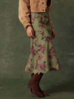 Elorivane Women Dark Blue Denim A Line Midi Skirt, High Waist Scalloped Button Front Western Cowgirl Fall Winter Country Skirt - Image 15