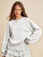 Elorivane Women Fleece Crochet Lace Sweatshirt, Crewneck Raglan Boxy Fit Western Cowgirl Fall Rodeo Top - Image 11