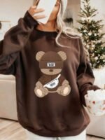 Elorivane Women's Thermal Lined Bear Print Sweatshirt, Oversized Long Sleeve - Image 7