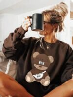 Elorivane Women's Thermal Lined Bear Print Sweatshirt, Oversized Long Sleeve - Image 8