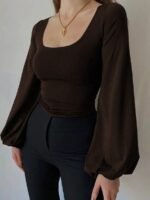 Elorivane Plus Size Square Neck Top, Lantern Sleeve Fitted Long Sleeve Tee, Fall Casual Wear - Image 6