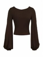 Elorivane Plus Size Square Neck Top, Lantern Sleeve Fitted Long Sleeve Tee, Fall Casual Wear - Image 7