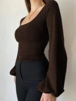 Elorivane Plus Size Square Neck Top, Lantern Sleeve Fitted Long Sleeve Tee, Fall Casual Wear - Image 8