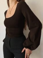 Elorivane Plus Size Square Neck Top, Lantern Sleeve Fitted Long Sleeve Tee, Fall Casual Wear - Image 9