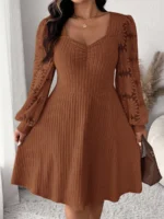Elorivane Plus Size Sweetheart Neck Dress, Ruched Ribbed Long Sleeve Casual Dress, Fall Wear - Image 50