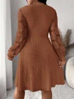 Elorivane Plus Size Sweetheart Neck Dress, Ruched Ribbed Long Sleeve Casual Dress, Fall Wear - Image 51