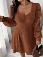 Elorivane Plus Size Sweetheart Neck Dress, Ruched Ribbed Long Sleeve Casual Dress, Fall Wear - Image 52