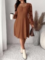 Elorivane Plus Size Sweetheart Neck Dress, Ruched Ribbed Long Sleeve Casual Dress, Fall Wear - Image 53