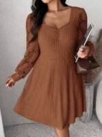 Elorivane Plus Size Sweetheart Neck Dress, Ruched Ribbed Long Sleeve Casual Dress, Fall Wear - Image 54