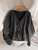 Elorivane Plus Size Solid V-Neck Tie Front Top, Long Sleeve Retro Versatile Fall T-Shirt