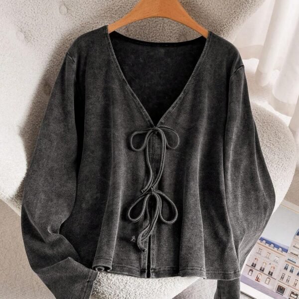 Elorivane Plus Size Solid V-Neck Tie Front Top, Long Sleeve Retro Versatile Fall T-Shirt
