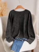 Elorivane Plus Size Solid V-Neck Tie Front Top, Long Sleeve Retro Versatile Fall T-Shirt - Image 2