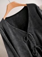 Elorivane Plus Size Solid V-Neck Tie Front Top, Long Sleeve Retro Versatile Fall T-Shirt - Image 3