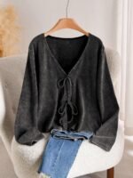 Elorivane Plus Size Solid V-Neck Tie Front Top, Long Sleeve Retro Versatile Fall T-Shirt - Image 6