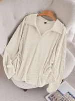 Elorivane Plus Size Orange Knit Top, Lace Patchwork Polo Collar Ruched Pullover, Autumn Office Holiday Casual Tee