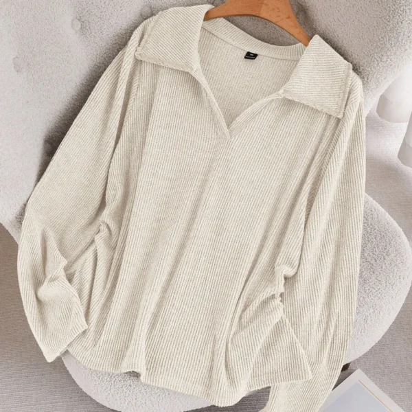 Elorivane Plus Size Orange Knit Top, Lace Patchwork Polo Collar Ruched Pullover, Autumn Office Holiday Casual Tee