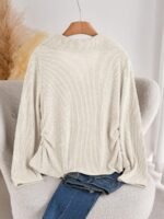 Elorivane Plus Size Orange Knit Top, Lace Patchwork Polo Collar Ruched Pullover, Autumn Office Holiday Casual Tee - Image 2