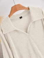 Elorivane Plus Size Orange Knit Top, Lace Patchwork Polo Collar Ruched Pullover, Autumn Office Holiday Casual Tee - Image 5