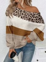 Elorivane Plus Size Leopard & Striped Patchwork Off-Shoulder Long Sleeve Sweater for Spring Fall