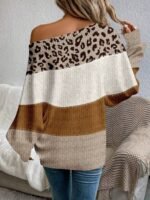 Elorivane Plus Size Leopard & Striped Patchwork Off-Shoulder Long Sleeve Sweater for Spring Fall - Image 2