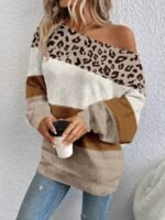 Elorivane Plus Size Leopard & Striped Patchwork Off-Shoulder Long Sleeve Sweater for Spring Fall - Image 3