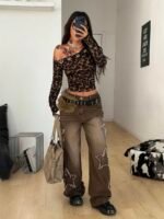 Elorivane Women Vintage Leopard Knit Top, Asymmetrical Neck Grommet Long Sleeve Stretchy Spring Summer Streetwear - Image 13