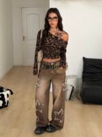 Elorivane Women Vintage Leopard Knit Top, Asymmetrical Neck Grommet Long Sleeve Stretchy Spring Summer Streetwear - Image 14