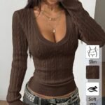 Elorivane Women Brown Vintage Sweater, Preppy Y2K Old Money Casual Fall Winter Pullover