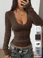 Elorivane Women Brown Vintage Sweater, Preppy Y2K Old Money Casual Fall Winter Pullover